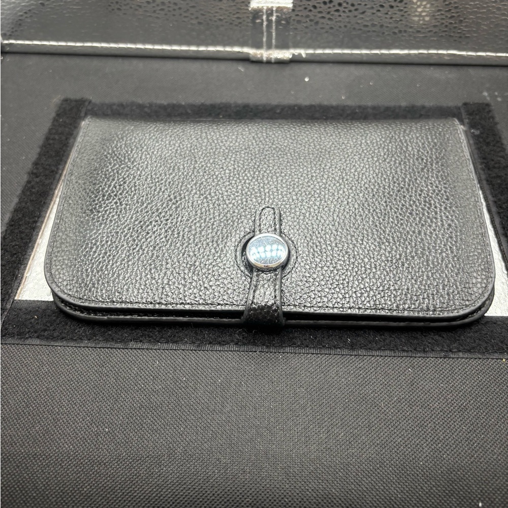 Black Leather Wallet with Button Detail